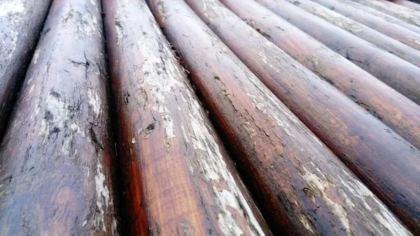 El efecto de la humedad en la madera. Un tronco de construcción para su uso en construcción sin aserrado longitudinal. Surtido de madera redonda. Fragmento de la construcción de troncos redondeados de madera . —  Fotos de Stock