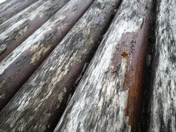 El efecto de la humedad en la madera. Un tronco de construcción para su uso en construcción sin aserrado longitudinal. Surtido de madera redonda. Fragmento de la construcción de troncos redondeados de madera . —  Fotos de Stock