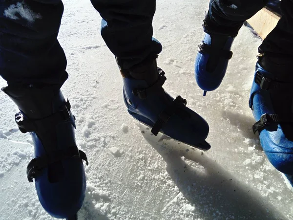 Feet with skates. Sports uniforms and equipment. Ice rink. Long shadows on ice from the low winter sun. — 스톡 사진