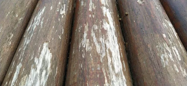 Variedade de madeira redonda. Fragmento da construção de troncos de madeira arredondados. O efeito da umidade na madeira. Um tronco de construção para uso em construção sem serragem longitudinal . — Fotografia de Stock