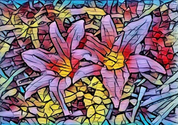 Két virág egy narancssárga nagy gumós liliom virágzásában mozaik stílusban. Tűzálló, pisztoly és nektár van rajtuk. Finom meleg színek és tónusok. Nyári virágkert — Stock Fotó