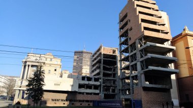 Belgrade,Serbia - January 24, 2020: Former building of the Ministry of Defense of Yugoslavia in Belgrade, heavily damaged during the bombing during the Allied Force operation conducted by NATO forces.