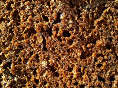 Kahverengi çavdar ekmeği yakın plan. Vitaminli, mineralli, kepekli ve tohumlu sağlıklı yiyecekler. Yüksek kaliteli fırın ürünü. Gevşek, gözenekli ve delikli..
