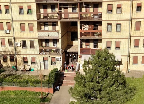 Sremska Mitrovica Serbia April 2020 Disinfection Entrance Apartment Building Two — Stock Photo, Image