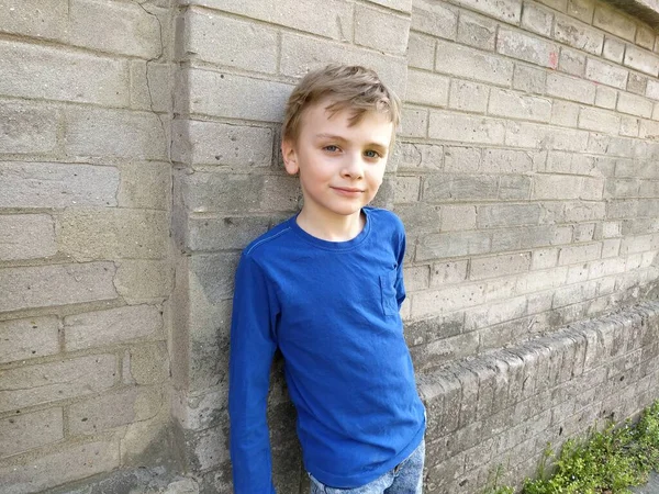 A handsome white boy in a blue sweater or longsleeve is smiling. Child on a brick wall background. On the face is an emotion of embarrassment. Modest smile, calm natural relaxed pose