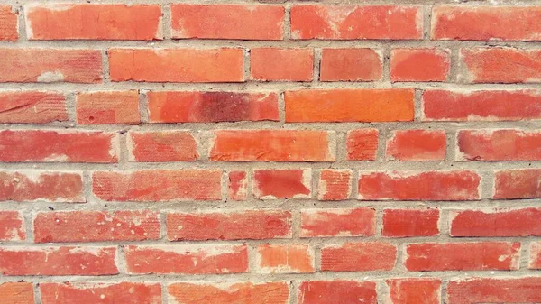 用明亮的红砖砌成的砖墙 表面磨损较轻 整整齐齐的砖墙 两排之间的水泥 Grunge的背景 大楼的外部 房间的内部 立面覆膜 — 图库照片