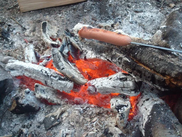 Saucisse Grillée Dessus Feu Saucisse Empalée Sur Une Brochette Dîner — Photo