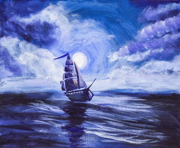 Lonely ship at sea at night painted with acrylics