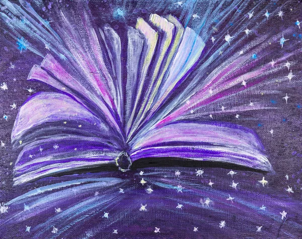 Magic book painted with acrylics on a starry purple background