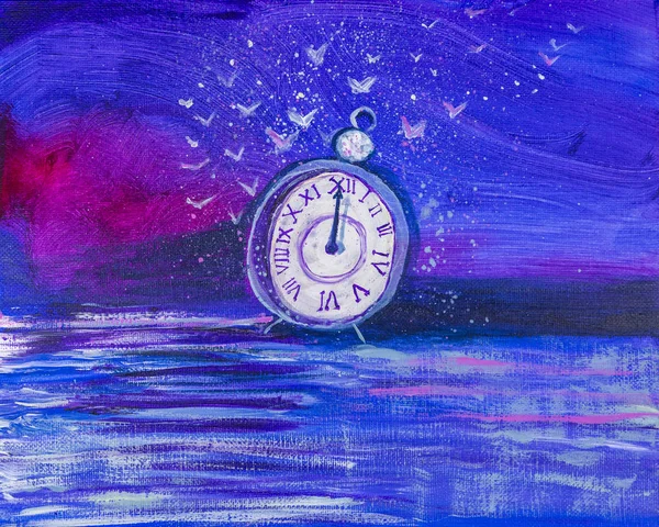 Alarm Clock Fantasy Background Painted Acrylics — 스톡 사진