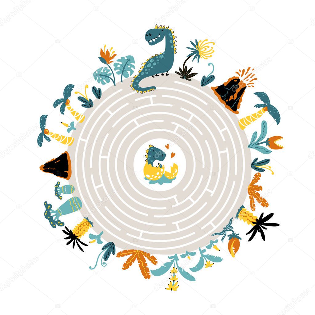 Dino in a round maze. Kids mini-game. Help mom dinosaur find a little baby. Cute colorful vector hand-drawn illustration ideal for printing