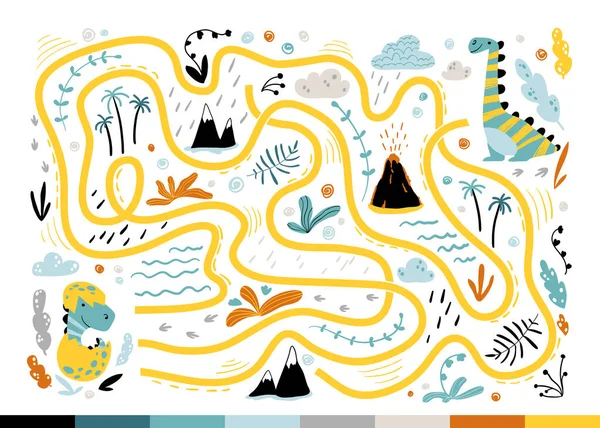 Dino labirenti. Gelişim için havalı çocuklar mini-oyun. Basit bir çizgi film tarzında renkli çizimler. Bebeğe dinozorun annesini bulması için yardım et.