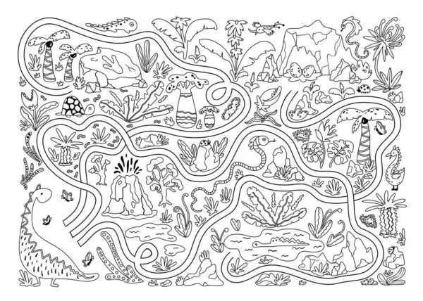 Färbung Dino Labyrinth. coole Kinder Mini-Spiel für die Entwicklung. Schwarz-weiße Illustration im einfachen Cartoon-Stil. Hilfe Mama Dinosaurier bekommen, um die Eier durch den gefährlichen Dschungel — Stockvektor