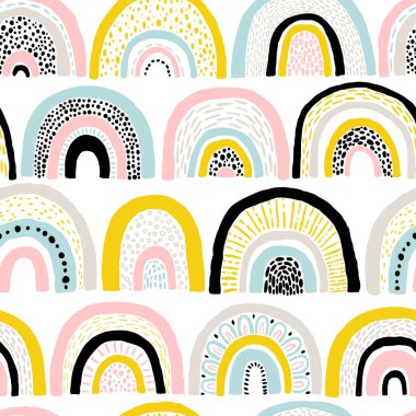 Kusursuz gökkuşağı deseni. Çocuksu, renkli, el çizimi bir geçmiş. İskandinav tarzında moda illüstrasyon. Kumaş, tekstil, ambalaj kağıdı basmak için ideal
