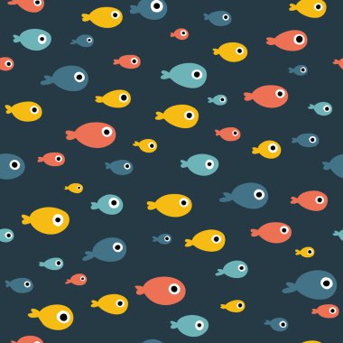 Küçük bir balık sürüsü. Basit İskandinav tarzında kusursuz bir model. Sınırlı palette elle çizilmiş bir karikatür çizimi kumaş, ambalaj vs. üzerine baskı yapmak için idealdir