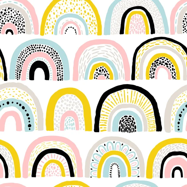 Kusursuz gökkuşağı deseni. Çocuksu, renkli, el çizimi bir geçmiş. İskandinav tarzında moda illüstrasyon. Kumaş, tekstil, ambalaj kağıdı basmak için ideal