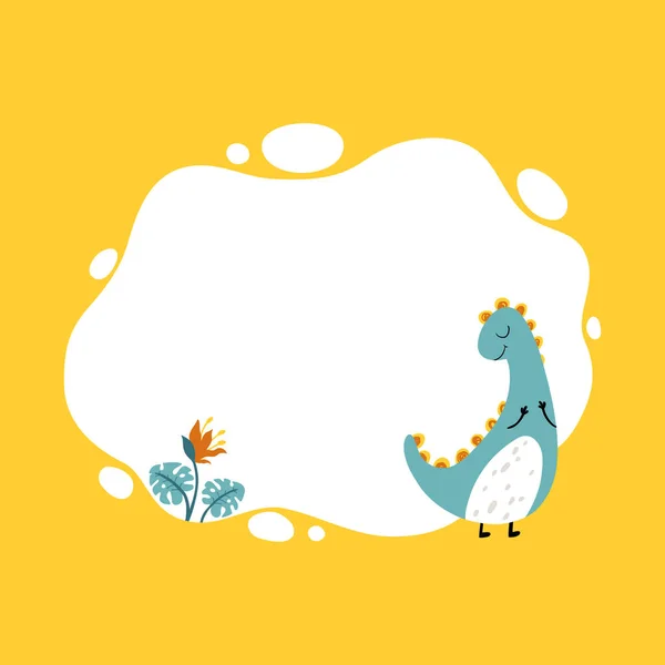 Dinosaurus. Vector illustratie van een dino met een vlek frame in eenvoudige cartoon met de hand getekend stijl. Sjabloon voor uw tekst of foto. Ideaal voor kaarten, uitnodigingen, feest, kleuterschool, kleuterschool en kinderen — Stockvector