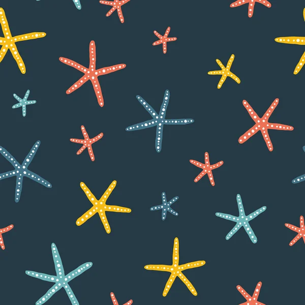 海星图案。 矢量无缝背景与滑稽的海洋字符在一个简单的漫画斯堪的纳维亚风格的黑暗背景。 有限的彩色调色板适合印刷 — 图库矢量图片