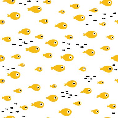 Küçük bir balık sürüsü. Basit İskandinav tarzında kusursuz bir model. Sınırlı palette elle çizilmiş bir karikatür çizimi kumaş, ambalaj vs. üzerine baskı yapmak için idealdir