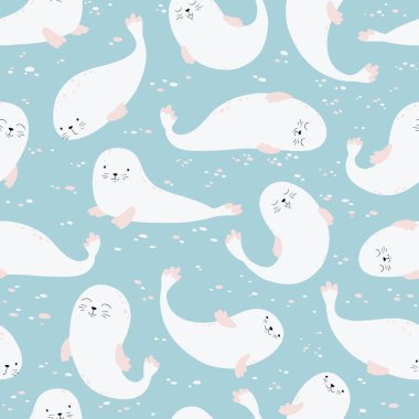 Kürksüz fok desenleri. İskandinav tarzında bir deniz hayvanının vektör karikatür çizimi. Sınırlı bej palet kumaş, tekstil ve ambalaj kağıdı üzerine baskı yapmak için idealdir