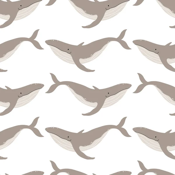 Padrão sem costura de baleia. Desenho animado vetorial ilustração de um animal marinho em um estilo escandinavo simples. A paleta bege limitada é ideal para impressão em tecido, têxtil, papel de embrulho — Vetor de Stock