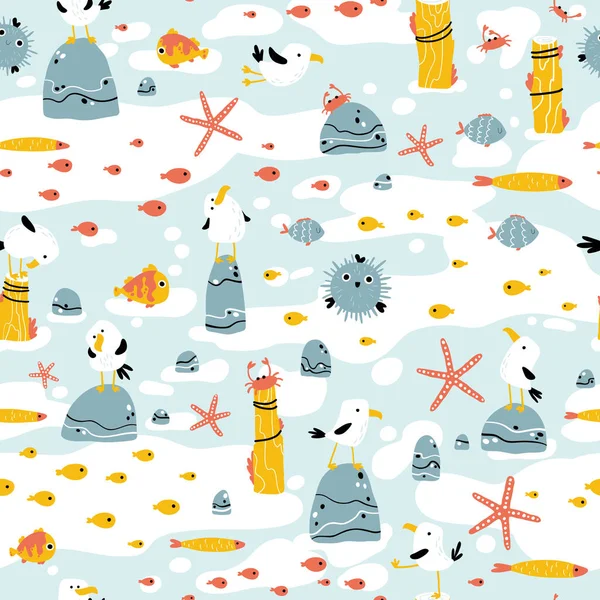 Kayalıklarda martılar ve deniz hayvanları olan deniz desenleri. Elle çizilmiş çizgi film tarzında vektör pürüzsüz arkaplan. Çocukça İskandinav çizimi