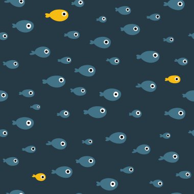 Küçük bir balık sürüsü. Basit İskandinav tarzında kusursuz bir model. Sınırlı palette elle çizilmiş bir karikatür çizimi kumaş, ambalaj vs. üzerine baskı yapmak için idealdir