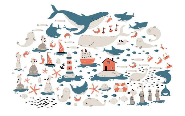 Велике море. Дитяча ілюстрація в простому ручному скандинавському стилі. Милі тварини і риби. Кити, акули, чайки і т.д. Lighthouse, Nordic house, ships — стоковий вектор