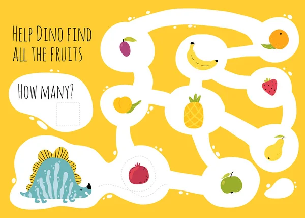 Dinozor labirenti. Gelişim için havalı çocuklar mini oyunu. Basit çizgi film tarzında renkli vektör stok çizimi. Dino 'ya meyveleri bulması için yardım et.