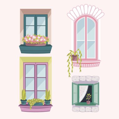 Vintage Windows Set. Renkli Ev dış görünüşü. Hisse Vektörü Düz Çizimi