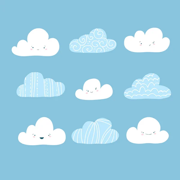 Carino Divertente Emoticon Felici Nuvole Impostate Illustrazione Isolata Vettoriale Bambini — Vettoriale Stock