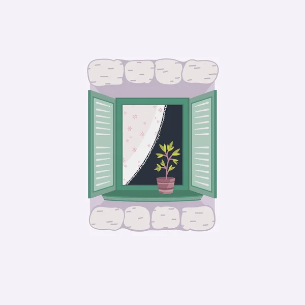 Винтажное Окно Растением Красочный Дом Снаружи Векторная Плоская Шкала — стоковый вектор