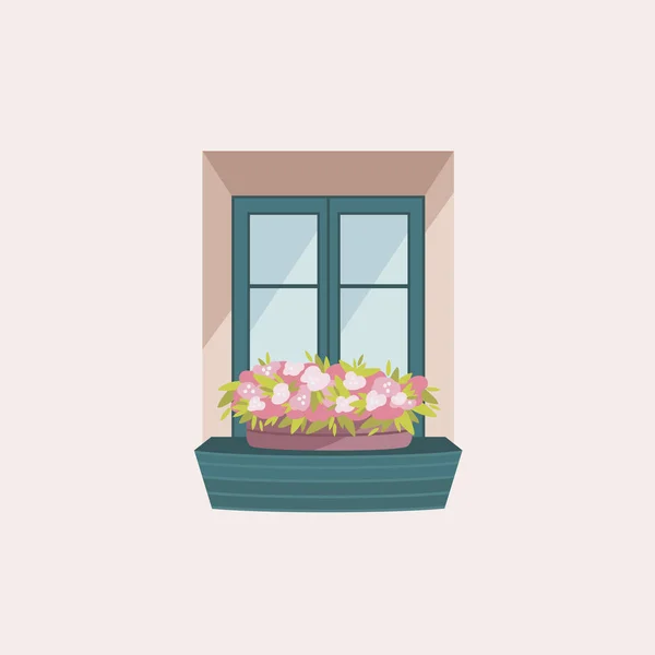 Вінтажне Вікно Рослиною Барвистий Будинок Зовні Векторні Плоскі Ілюстрації — стоковий вектор