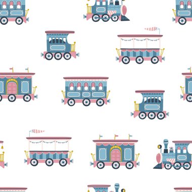 Kaliteli trenle vektör kusursuz desen. Lokomotif ve vagonlar basit elle çizilmiş, sınırlı pastel palette. Çocuk odası geçmişi