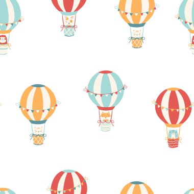 Bulutlarda sevimli hava balonu olan vektör pankartı. Resimler basit İskandinav tarzında..