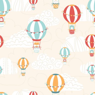 Bulutlarda sevimli hava balonu olan vektör pankartı. Resimler basit İskandinav tarzında..