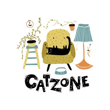 Vektör posteri, içinde ev bitkileri olan bir İskandinav evinin içinde siyah bir kedi olan bir kartpostal. Basit el çizimi tarzında renkli modern çizimler. Mektup - Kedinin olduğu ev.