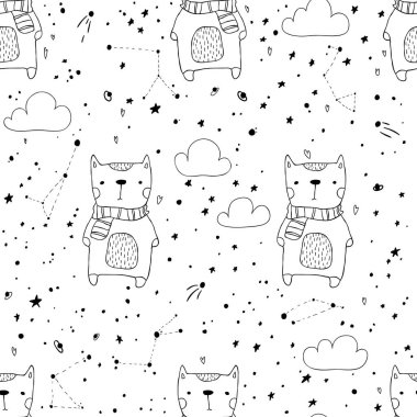 Köpekler. Uzay arka planında İskandinav el çizimi tarzında sevimli hayvanlarla vektörsüz desen.