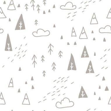 Noel şablonunu kozalaklı ağaçlarla süsleyin. Karlı köknar ağaçlarının basit İskandinav tarzında minimalist çizimi. Paket kağıdı, bebek tekstili vs. üzerine baskı yapmak için ideal.