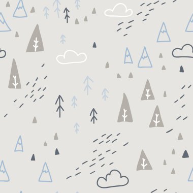 Noel şablonunu kozalaklı ağaçlarla süsleyin. Karlı köknar ağaçlarının basit İskandinav tarzında minimalist çizimi. Paket kağıdı, bebek tekstili vs. üzerine baskı yapmak için ideal.