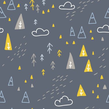 Noel şablonunu kozalaklı ağaçlarla süsleyin. Karlı köknar ağaçlarının basit İskandinav tarzında minimalist çizimi. Paket kağıdı, bebek tekstili vs. üzerine baskı yapmak için ideal.