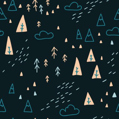 Noel şablonunu kozalaklı ağaçlarla süsleyin. Karlı köknar ağaçlarının basit İskandinav tarzında minimalist çizimi. Paket kağıdı, bebek tekstili vs. üzerine baskı yapmak için ideal.