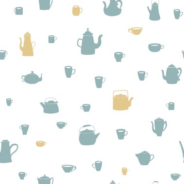 Çay seti vektör dikişsiz desen. Bir karikatür tarzıvintage çok renkli bardak ve tabaklar. Bir fırça ile polka noktaları ile koyu bir arka plan üzerinde sınırlı pastel renkler. Baskı için ideal