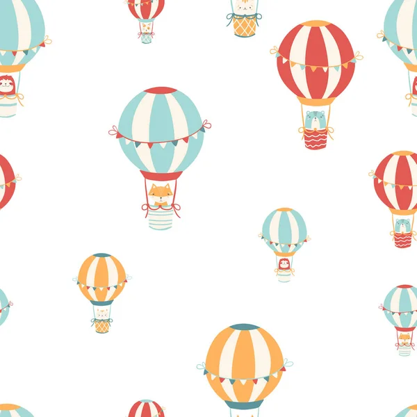 Vector banner with cute air balloon in the clouds. The illustration is in simple Scandinavian style.