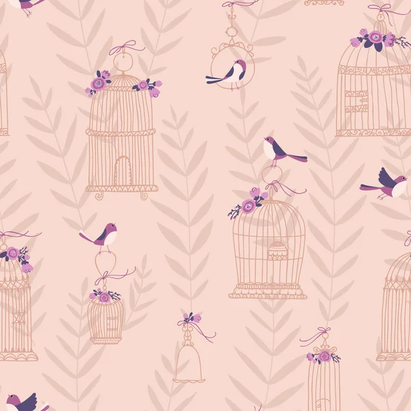 Motif Avec Fleurs Oiseaux Cages Oiseaux Illustration Vectorielle — Image vectorielle