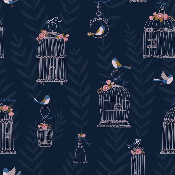 Motif Avec Fleurs Oiseaux Cages Oiseaux Illustration Vectorielle — Image vectorielle