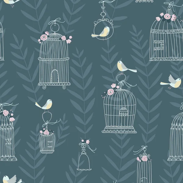 Motif Avec Fleurs Oiseaux Cages Oiseaux Illustration Vectorielle — Image vectorielle