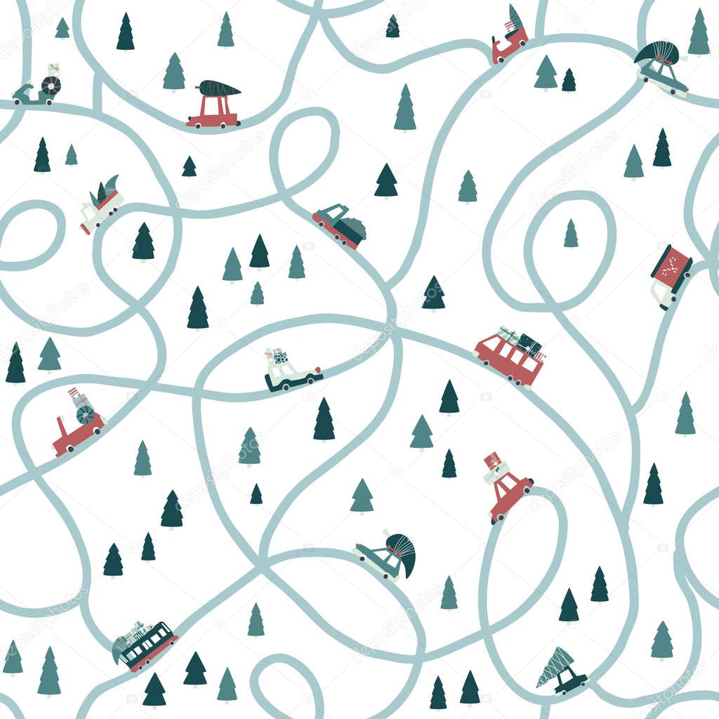 Christmas poster with a map, cars and road