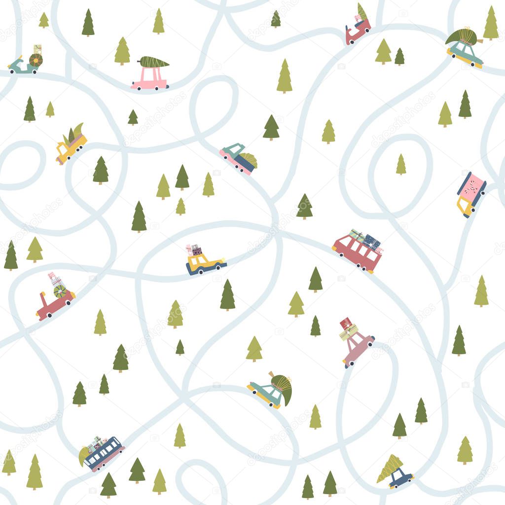 Christmas poster with a map, cars and road