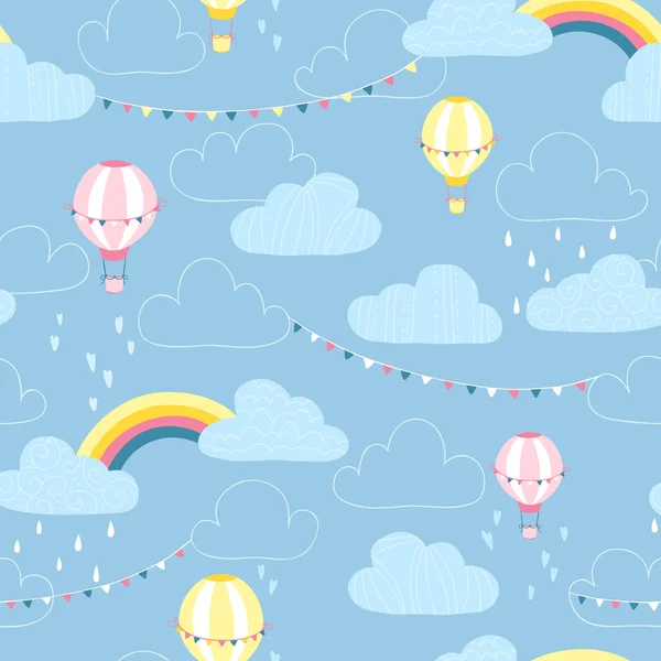 Bulutlarda tek boynuzlu atlar kusursuz desen. Karikatür İskandinav tarzı vektör sihirli arka plan. Açık arka plan üzerinde gri-pembe renklerde çizim.